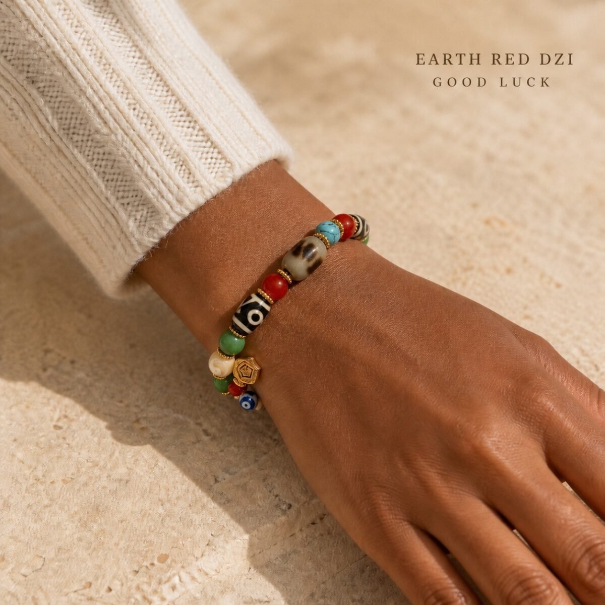 Turquoise & Earth-Red Himalayan Dzi Protection Bracelet