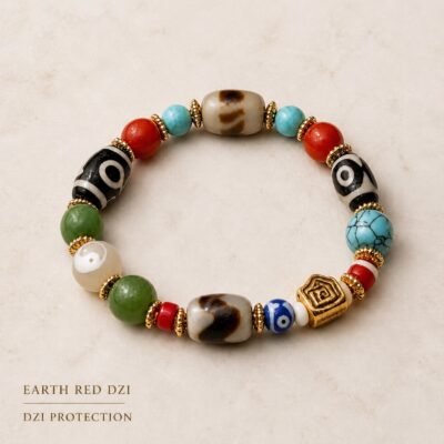 Turquoise & Earth-Red Himalayan Dzi Protection Bracelet