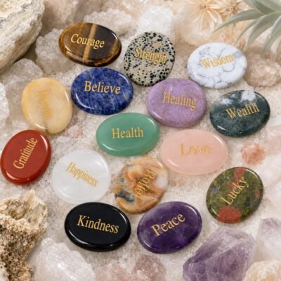 Engraved crystal palm stones with affirmation words