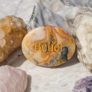 Crazy lace agate palm stone engraved with Belief