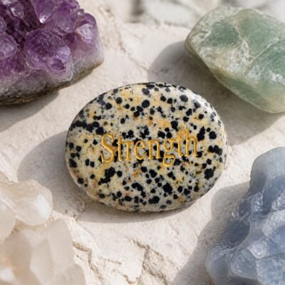 engraved-crystal-intention-palm-stone-collection-dalmatian-jasper-strength-01-main Dalmatian jasper palm stone engraved with Strength