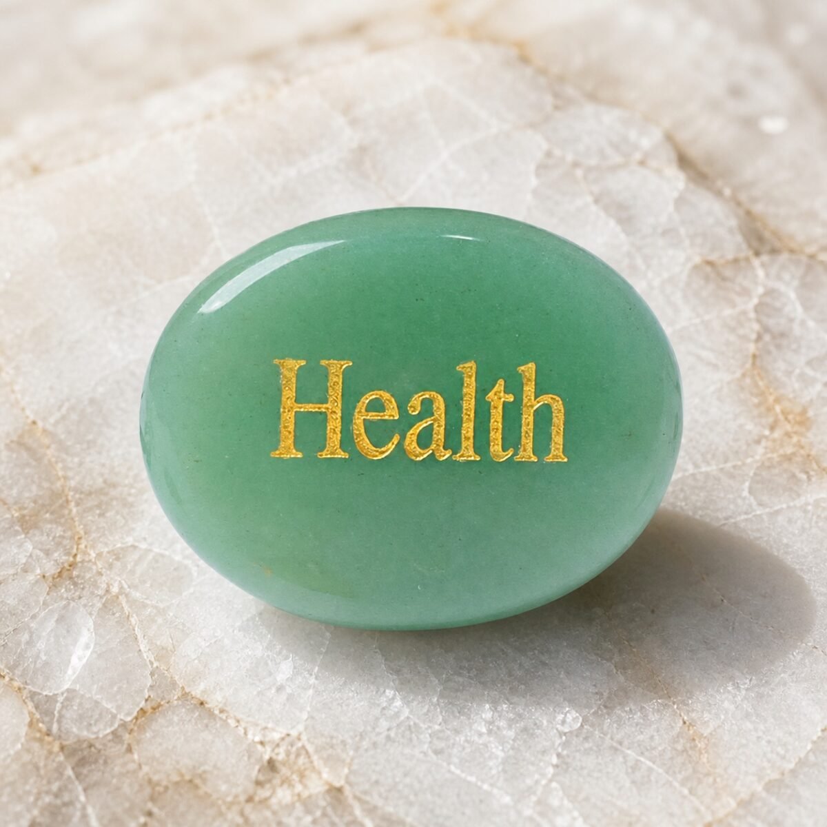 Green aventurine palm stone engraved with Health
