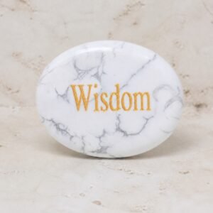 Howlite palm stone engraved with Wisdom