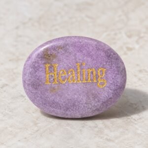 Lepidolite palm stone engraved with Healing