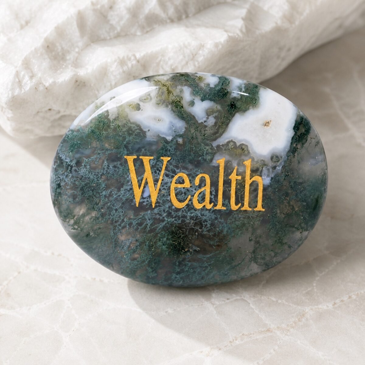 Moss agate palm stone engraved with Wealth