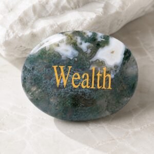 Moss agate palm stone engraved with Wealth