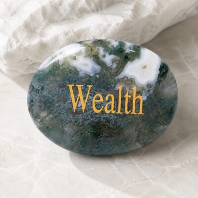 Moss agate palm stone engraved with Wealth