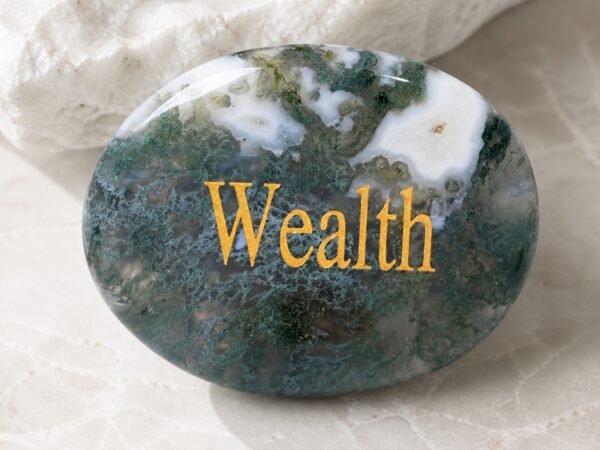 engraved-crystal-intention-palm-stone-collection-moss-agate-wealth-01-main Moss agate palm stone engraved with Wealth