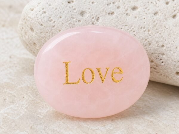 Rose quartz palm stone engraved with Love