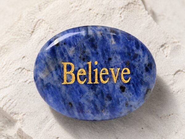 Sodalite palm stone engraved with Believe