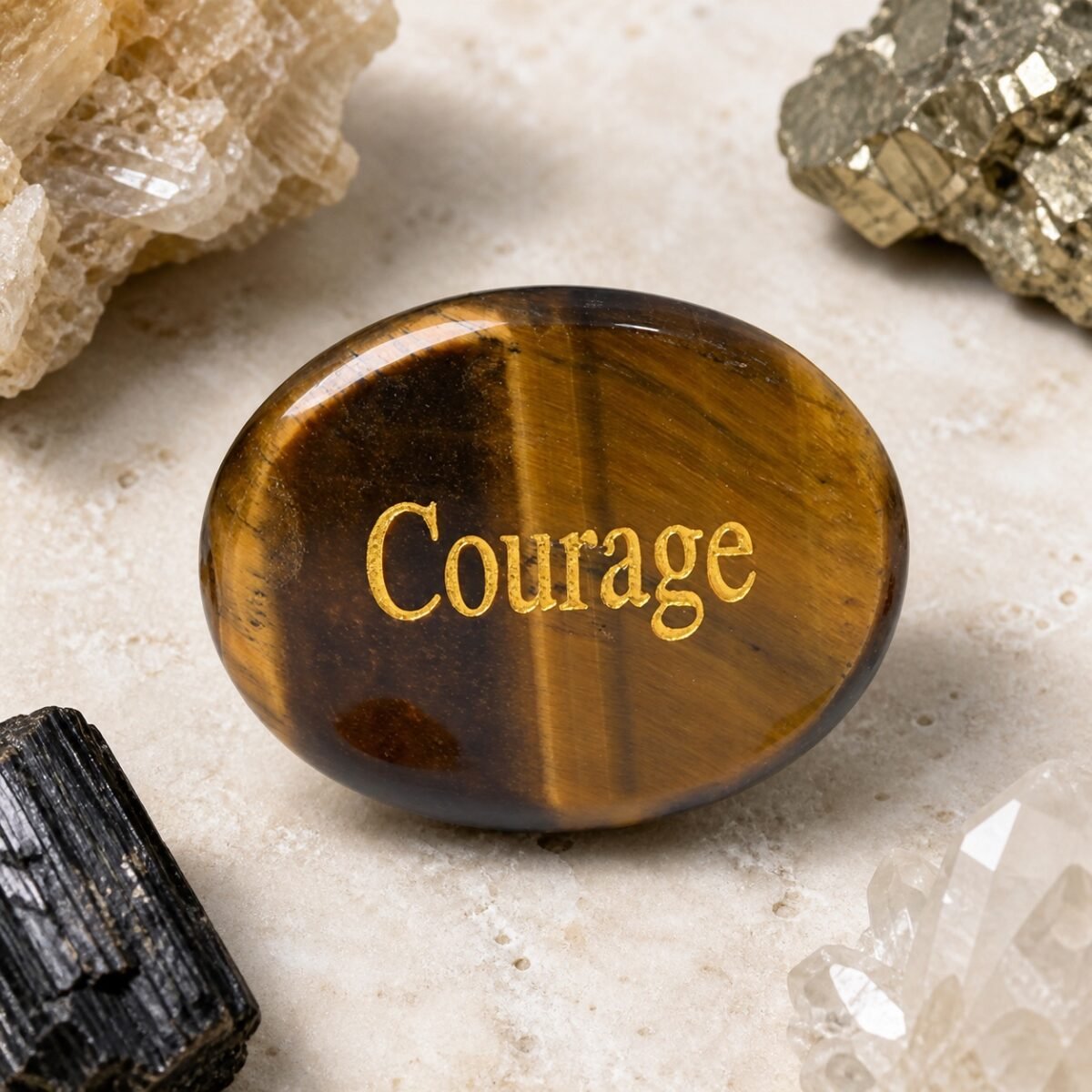 Tiger eye palm stone engraved with Courage