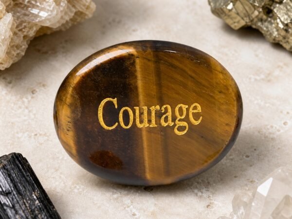 Tiger eye palm stone engraved with Courage