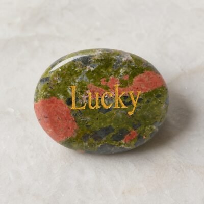 engraved-crystal-intention-palm-stone-collection-unakite-lucky-01-main Unakite palm stone engraved with Lucky