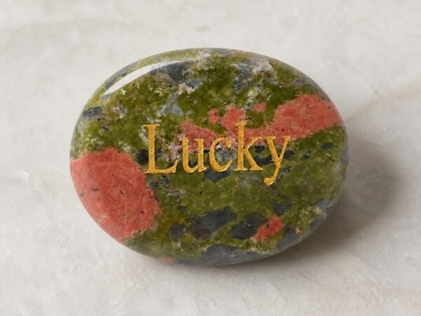 Unakite palm stone engraved with Lucky