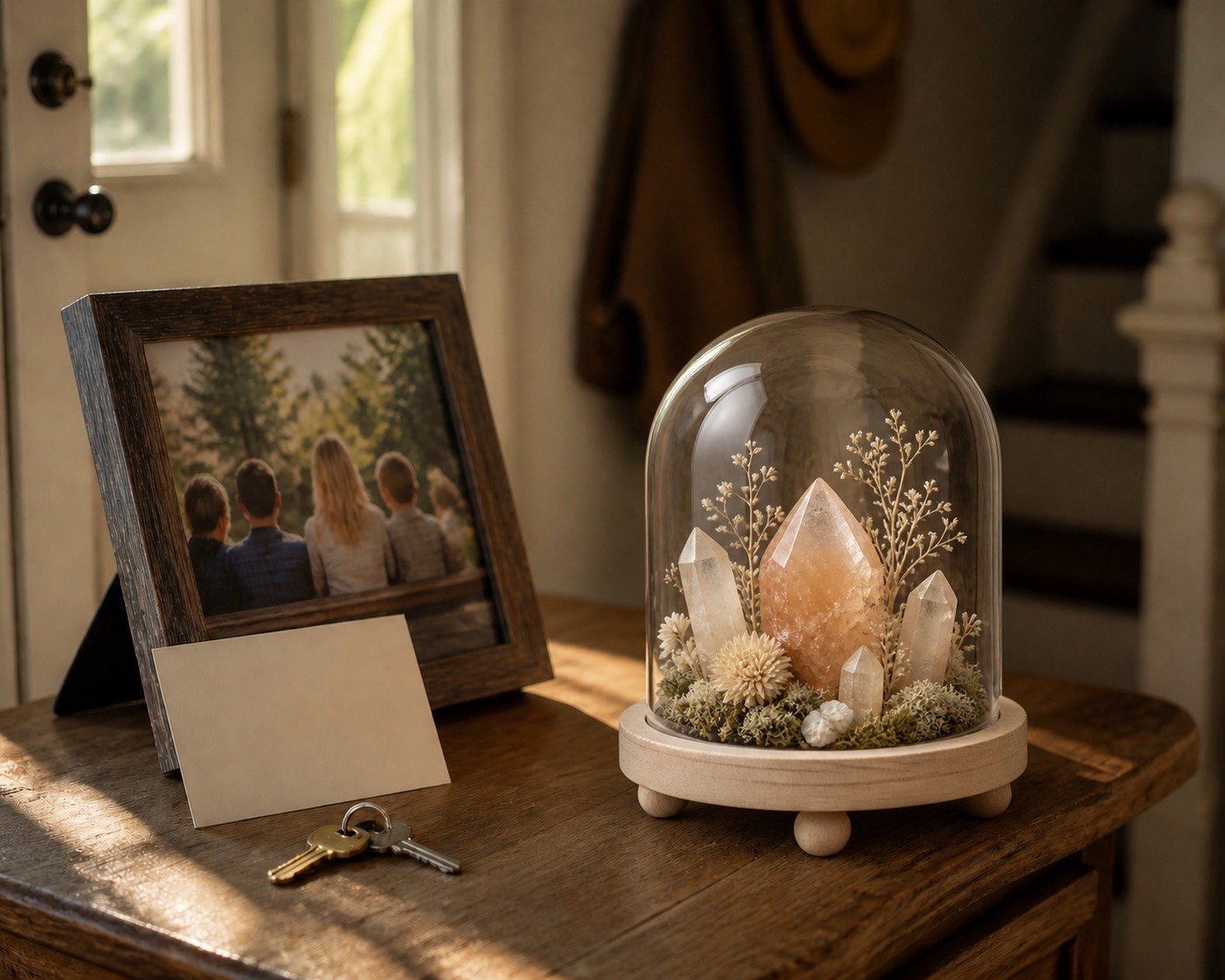 A crystal display under glass sits beside a family photograph, blank provenance card, and house keys in an entryway