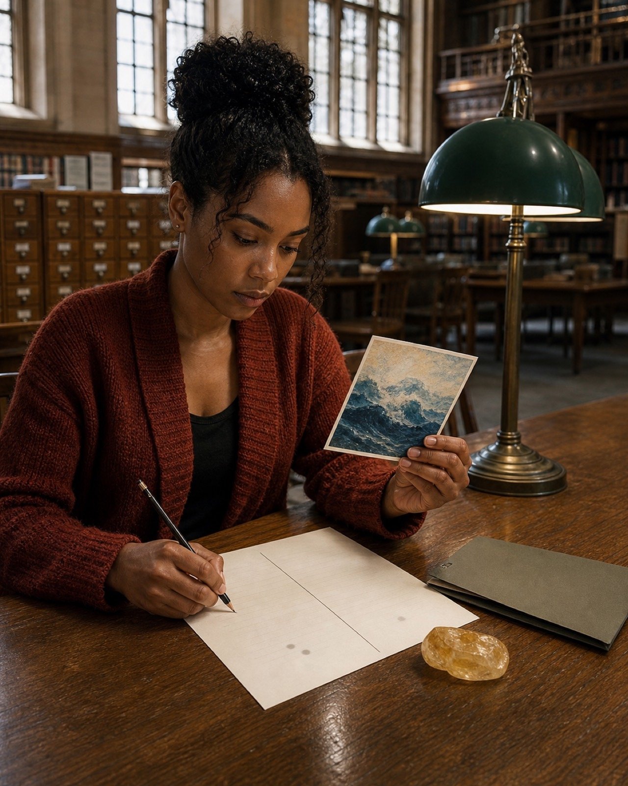Evidence journal: a woman in a library compares an image card with its source notes while journaling