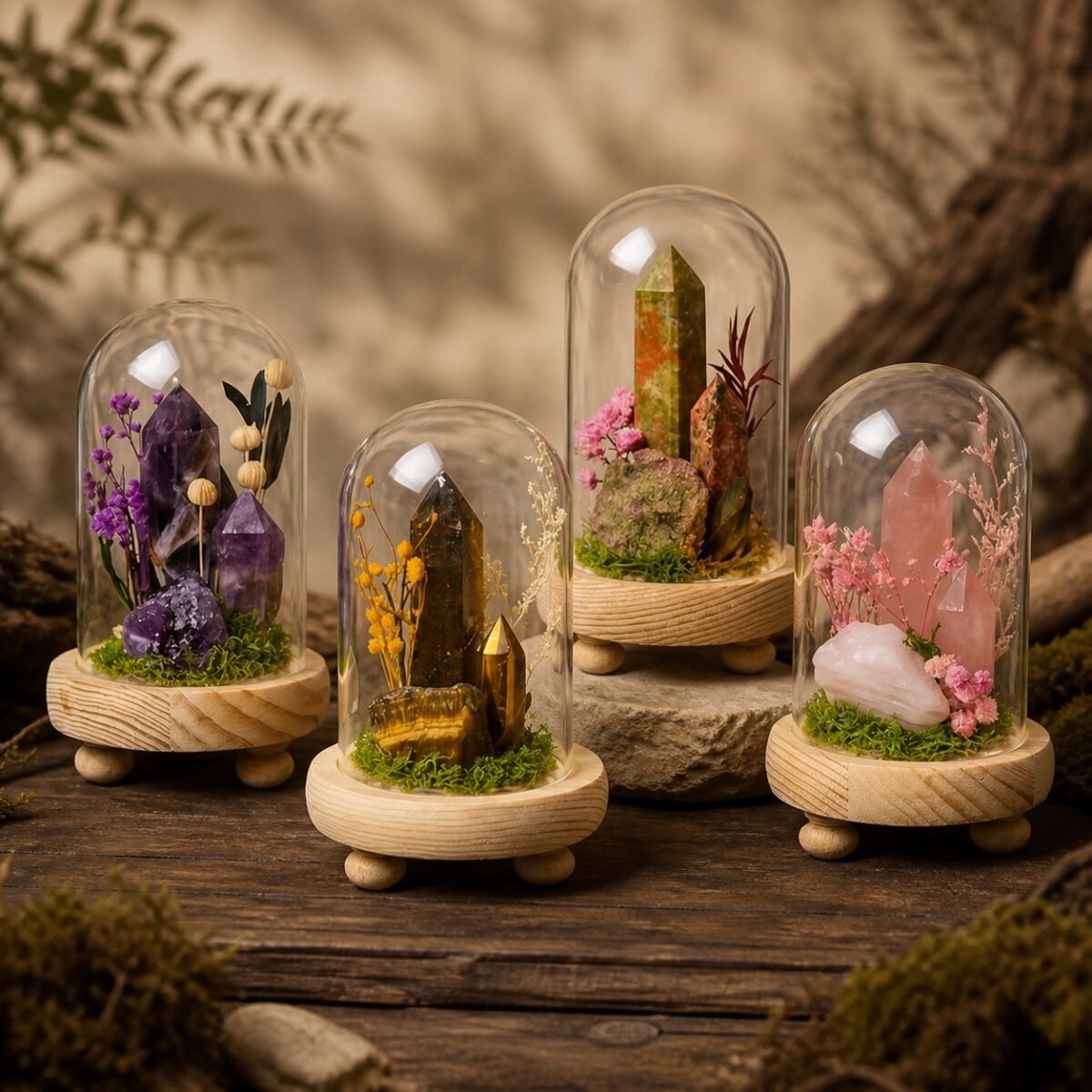 Forest Crystal Dome Gardens display with natural crystal moss and dried botanicals beneath a glass cloche