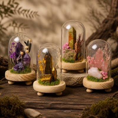 Forest Crystal Dome Gardens display with natural crystal moss and dried botanicals beneath a glass cloche