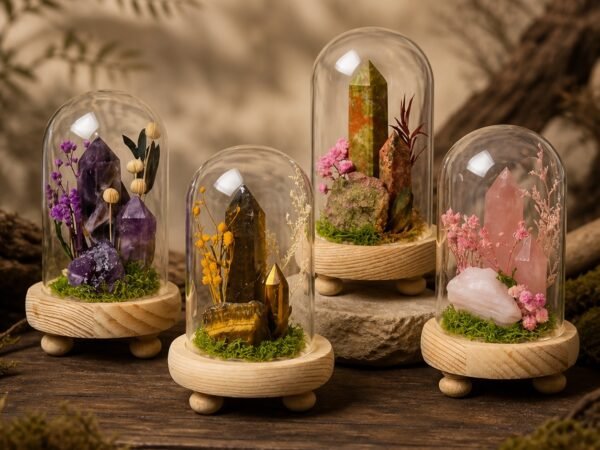 Forest Crystal Dome Gardens display with natural crystal moss and dried botanicals beneath a glass cloche