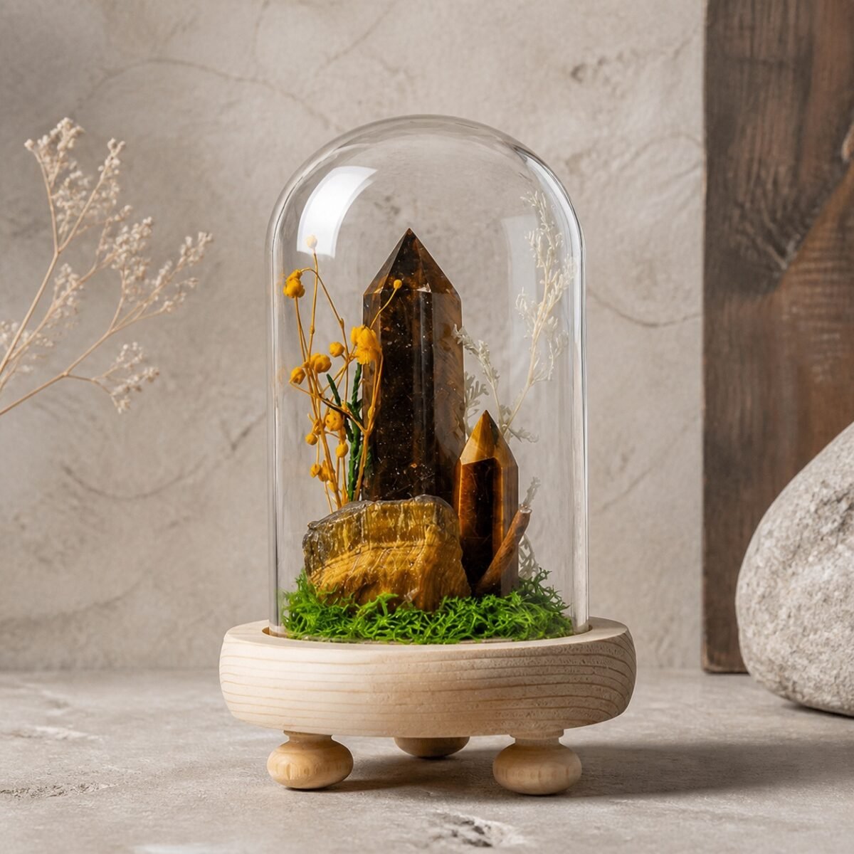 Tiger Eye Dome with natural tiger eye moss and dried botanicals beneath a glass dome