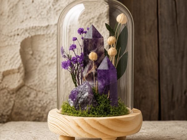 forest-crystal-dome-gardens-03-amethyst Amethyst Dome with natural amethyst moss and dried botanicals beneath a glass dome
