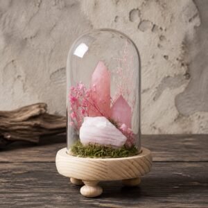 Pink Crystal Dome with a natural pink crystal moss and dried botanicals under a glass dome