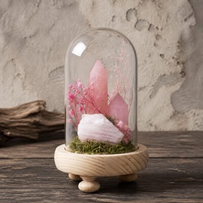 Pink Crystal Dome with a natural pink crystal moss and dried botanicals under a glass dome