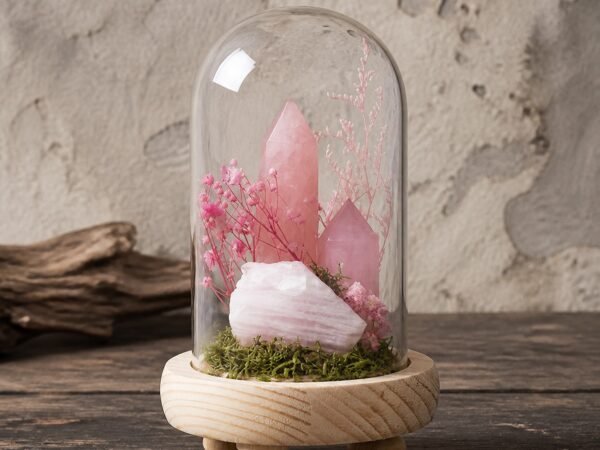 Pink Crystal Dome with a natural pink crystal moss and dried botanicals under a glass dome