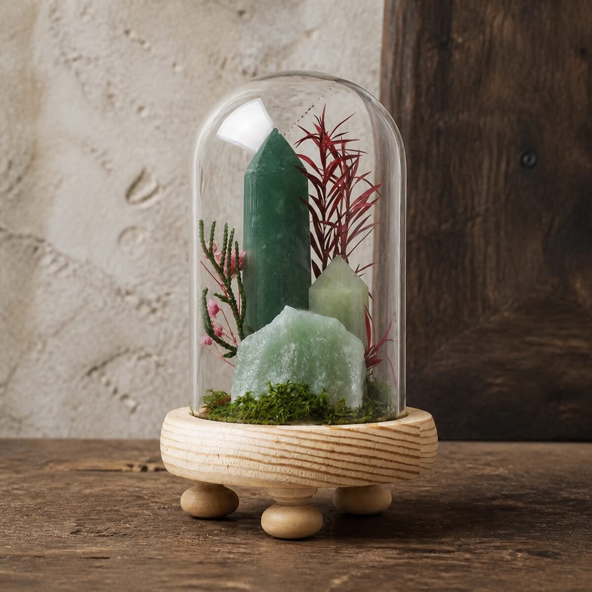 Green Aventurine Dome with natural green aventurine moss and dried botanicals under a glass dome