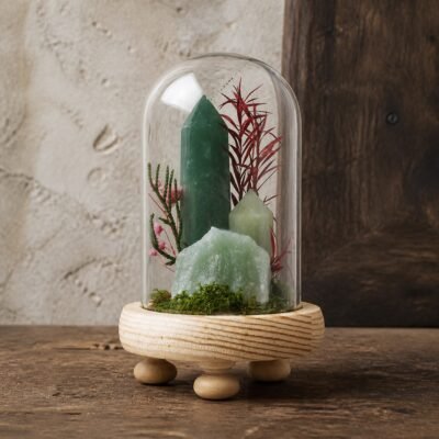 Green Aventurine Dome with natural green aventurine moss and dried botanicals under a glass dome