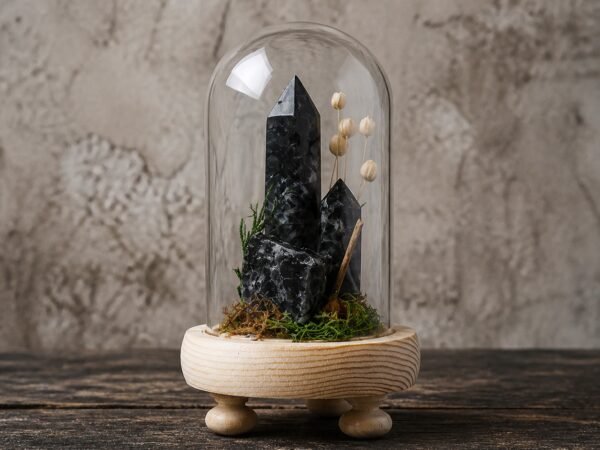 forest-crystal-dome-gardens-07-black-moonstone Black Moonstone Dome with natural black moonstone moss and dried botanicals beneath a glass dome