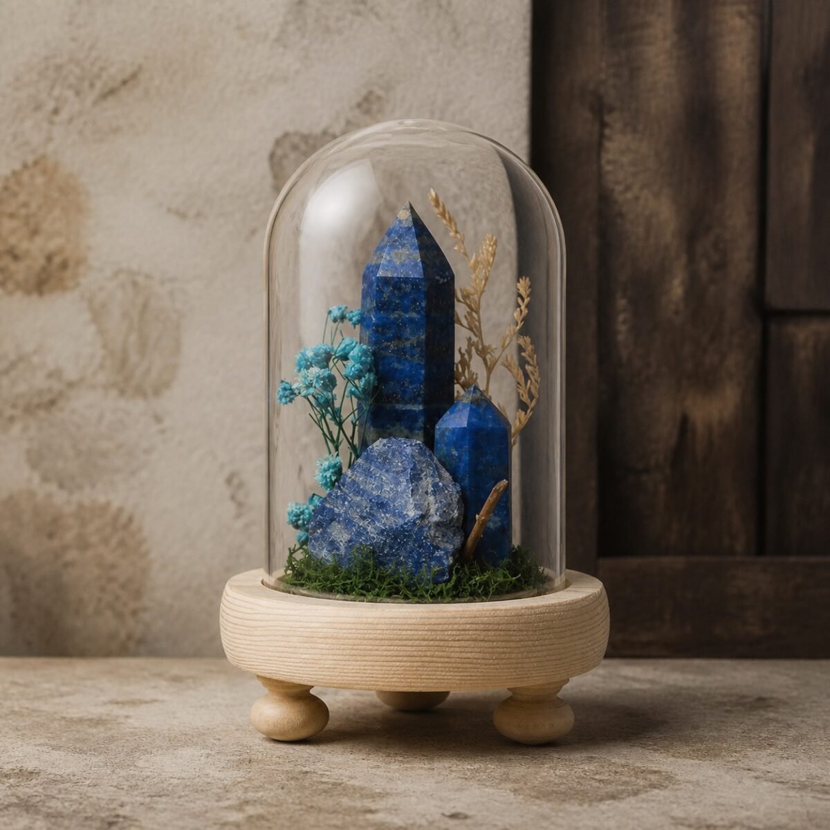 Lapis Lazuli Dome with natural lapis lazuli moss and dried botanicals beneath a glass dome