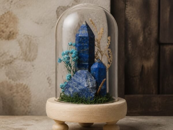 Lapis Lazuli Dome with natural lapis lazuli moss and dried botanicals beneath a glass dome