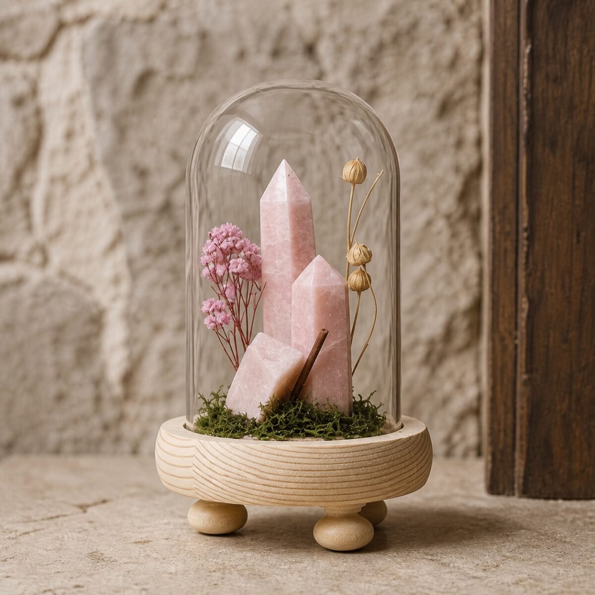 Pink Opal Dome with natural pink opal moss and dried botanicals beneath a glass dome