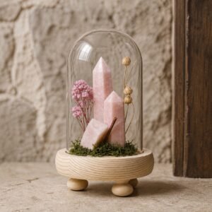 Pink Opal Dome with natural pink opal moss and dried botanicals beneath a glass dome