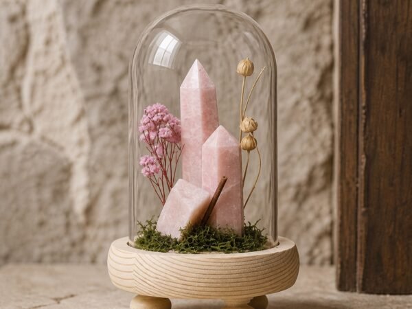 Pink Opal Dome with natural pink opal moss and dried botanicals beneath a glass dome