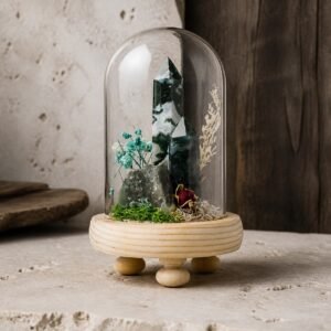 Moss Agate Dome with natural moss agate moss and dried botanicals beneath a glass dome