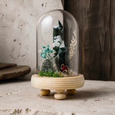 Moss Agate Dome with natural moss agate moss and dried botanicals beneath a glass dome