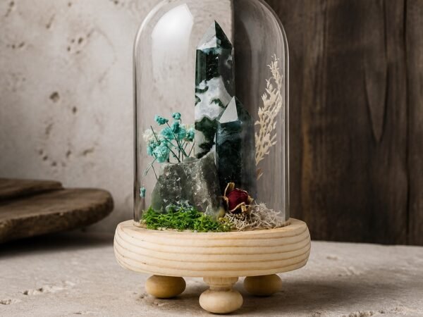 forest-crystal-dome-gardens-10-moss-agate Moss Agate Dome with natural moss agate moss and dried botanicals beneath a glass dome