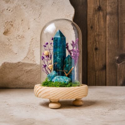 Blue Apatite Dome with natural blue apatite moss and dried botanicals beneath a glass dome