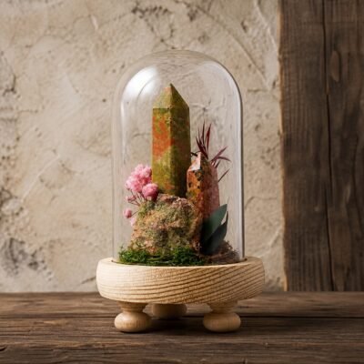 Flower Green Stone Dome with natural flower green stone moss and dried botanicals beneath a glass dome