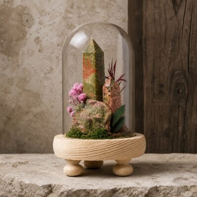 Plum Blossom Stone Dome with moss and dried botanicals beneath a glass dome