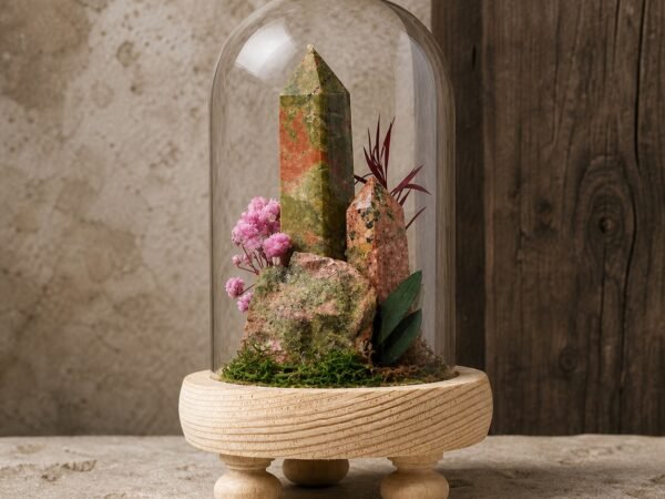 Plum Blossom Stone Dome with moss and dried botanicals beneath a glass dome