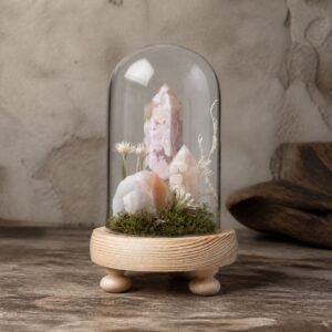 Cherry Blossom Agate Dome with moss and dried botanicals beneath a glass dome