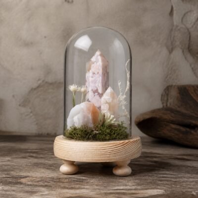 Cherry Blossom Agate Dome with moss and dried botanicals beneath a glass dome