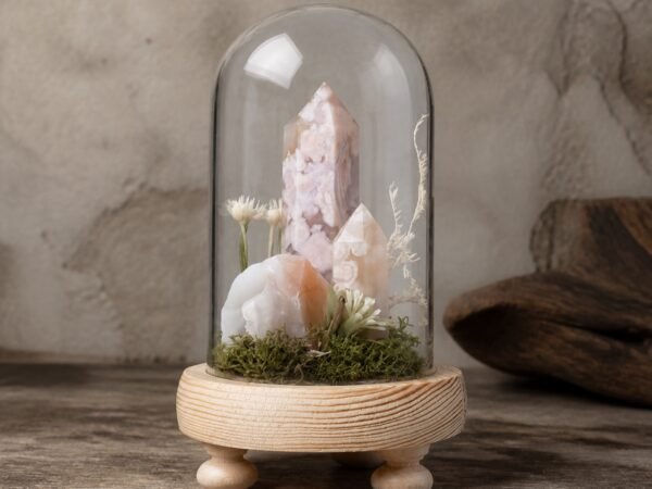 Cherry Blossom Agate Dome with moss and dried botanicals beneath a glass dome