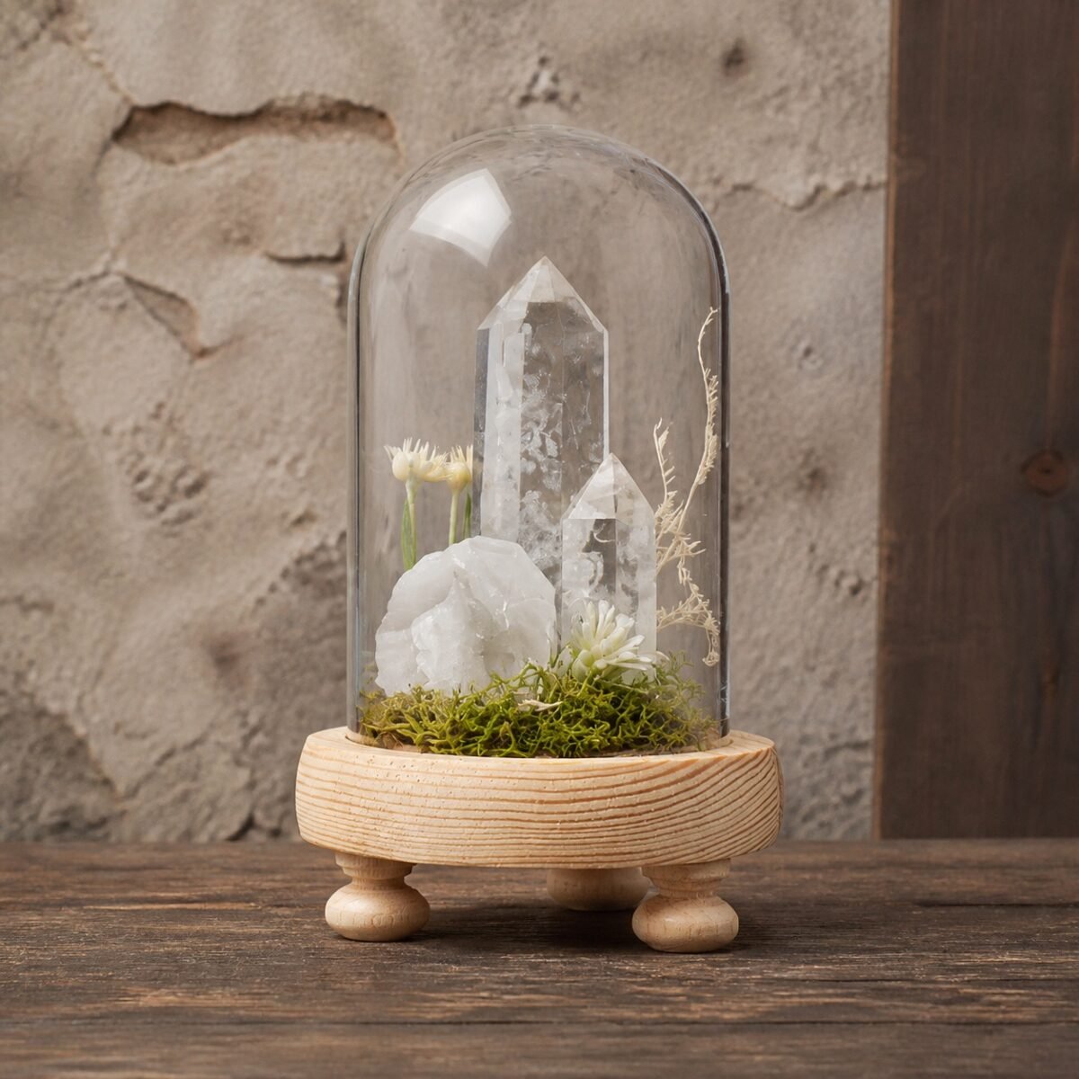 White Crystal Dome with white crystal moss and dried botanicals beneath a clear glass dome