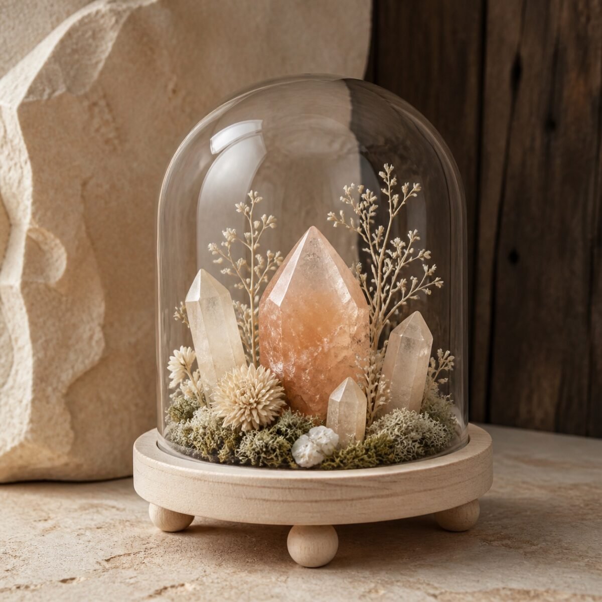 Peach Crystal Dome with a peach crystal moss and dried botanicals beneath a clear glass dome