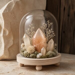 Peach Crystal Dome with a peach crystal moss and dried botanicals beneath a clear glass dome