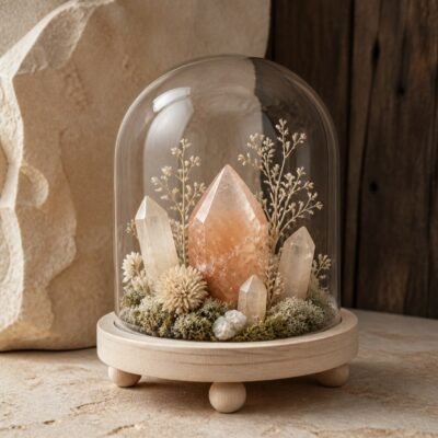 Peach Crystal Dome with a peach crystal moss and dried botanicals beneath a clear glass dome
